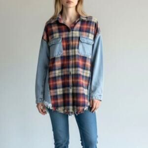 Style U Plaid Denim Patchwork Fringe Shacket Blue Red S Casual Boho Oversized